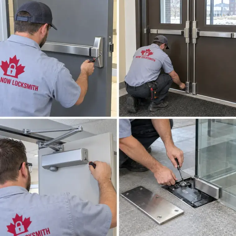 NOW Locksmith technician installing a panic bar on a storefront exit door and adjusting a door closer in Vancouver, BC