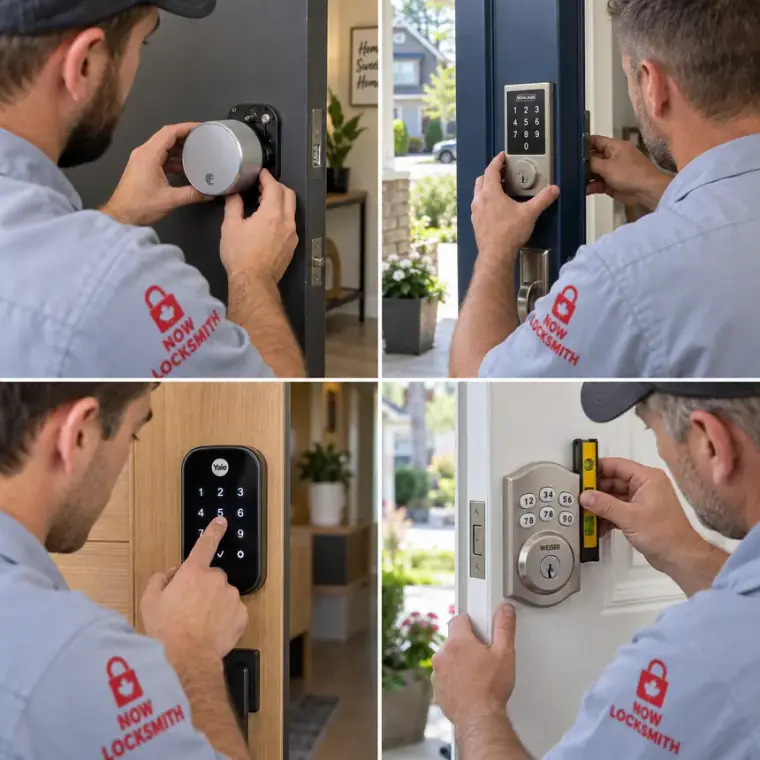 NOW Locksmith technician installing and setting up a smart keypad lock on a home entry door in Vancouver, BC